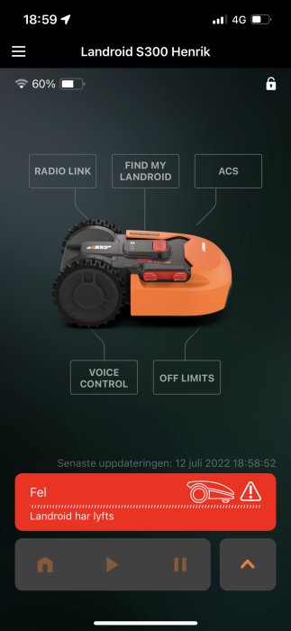 Mobilappskärm visar felmeddelande "Landroid har lyfts" och en ikon av en gräsklippare.