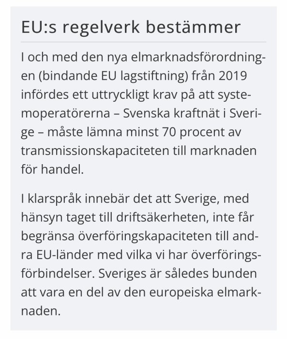 Skärmdump av ett foruminlägg om EU:s regelverk rörande elmarknaden och kravet på transmissionskapacitet.