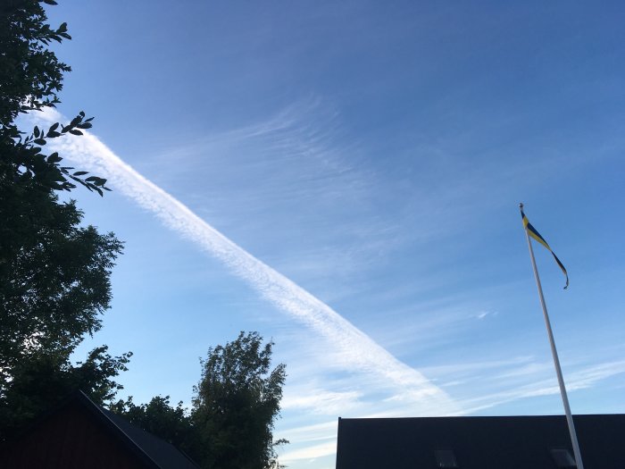 Flygplansstrimmor på himlen ovanför hustak med en svensk flagga som vajar till höger.