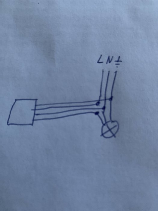 Ritning som visar kablar märkta med L och N och hur de delas till en lampa och en rörelsevakt.