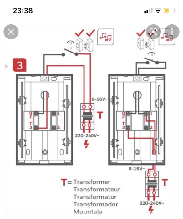 Schematisk bild av installation av klocka med trådar som visar 8-16V och extern transformator.