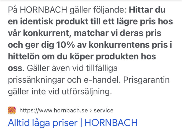 Skärmdump som visar prisgarantin hos HORNBACH med text om matchning och extra rabatt.