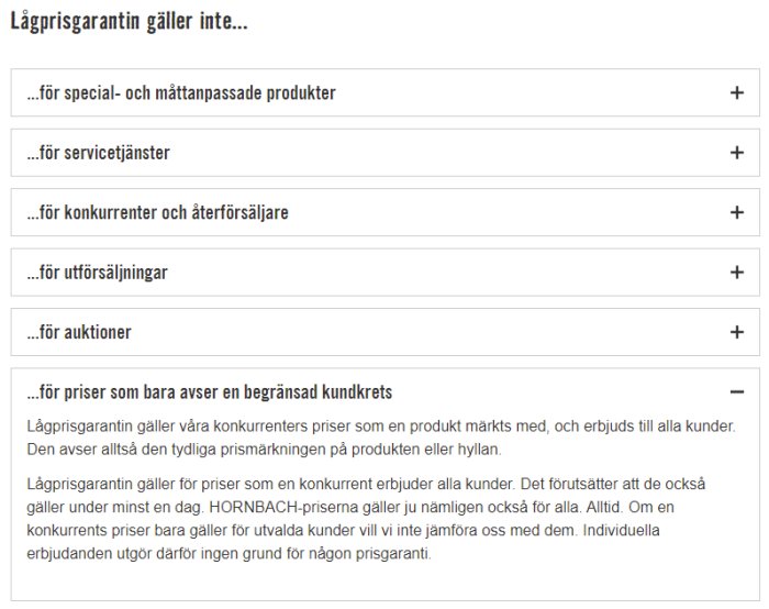 Skärmdump av en webbsida med en lista över undantag för en lågprisgaranti, inklusive en öppnad sektion om begränsad kundkrets.