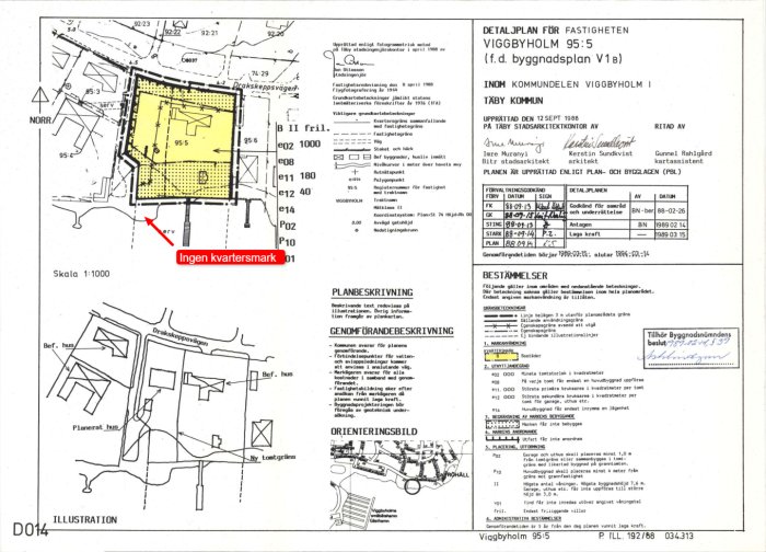 Detaljplan för fastigheten Vigbyholm med markerad del i gult, noteringar och ändringshistorik, samt orienteringsbild och förklaringstexter.