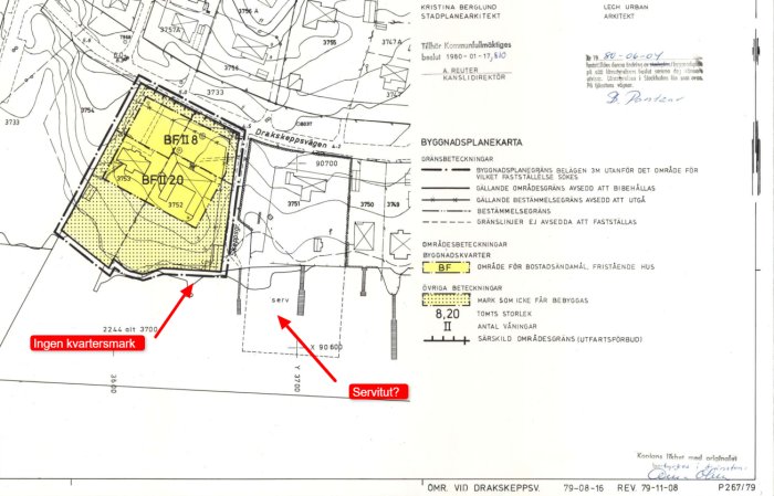 Detaljerad byggnadsplanekarta med markeringar och anmärkningar såsom "Ingen kvartersmark" och "Servitut?".