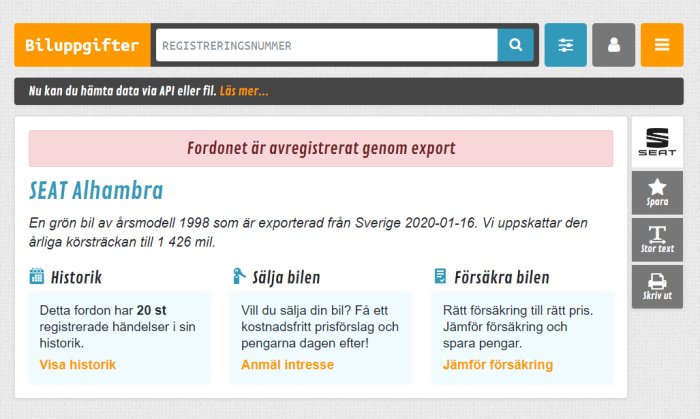 Skärmdump från Biluppgifter.se som visar information om en grön SEAT Alhambra av årsmodell 1998.