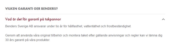 Skärmdump från Benders hemsida som visar text om 30 års garanti på takpannor.