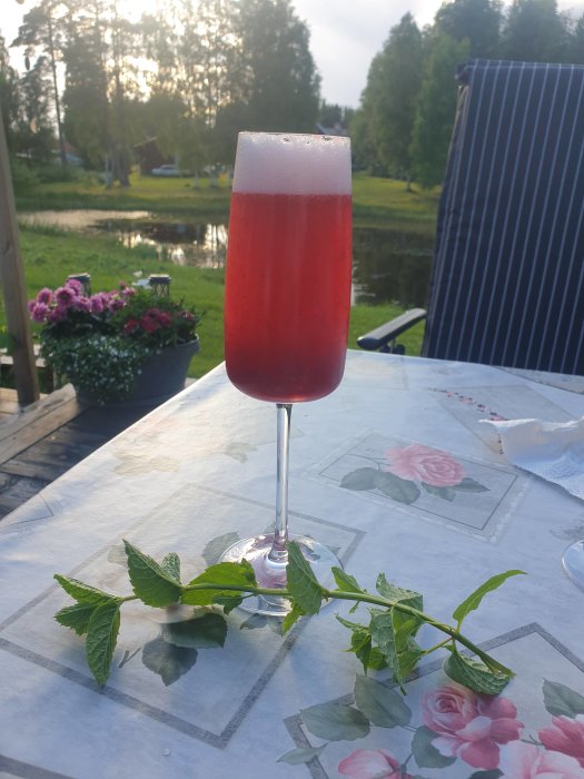 Ett glas hallonbelini på ett bord utomhus med en blommig duk och en bakgrund med trädgård och damm.