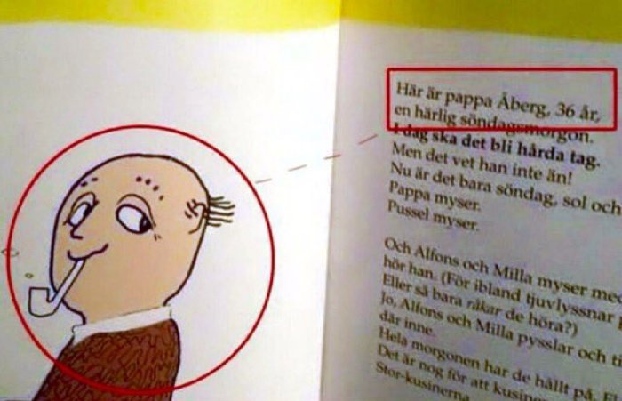 Illustrerad karaktär av "pappa Åberg" med pipa, i en bok med text som beskriver honom som 36 år.