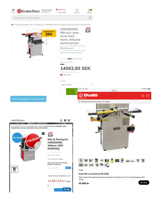 Skärmdump av tre olika rikt- och planhyvlar med prisinformation från olika webbutiker.