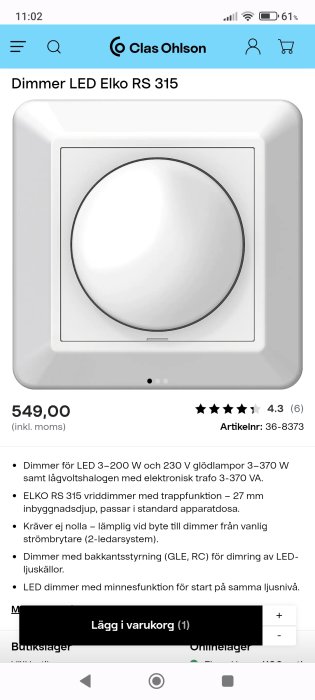 LED-dimmer ELKO RS 315 på produktbild från Clas Ohlson, vit och rundad design.