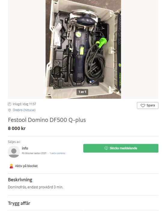 Festool Domino DF500 Q-plus anordning i transportväska, knappt använt, till salu.