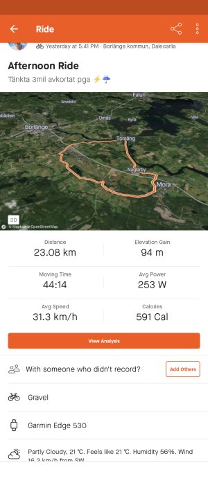 Skärmdump av cykeltursaktivitet med karta, sträcka, höjdvinst och statistik över hastighet och förbrända kalorier.