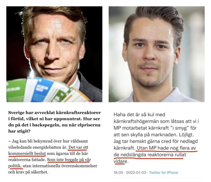 Två svartvita porträtt av personer som tittar in i kameran, med text om kärnkraftsdebatt ovanför och under bilderna.