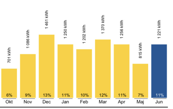 Stapeldiagram som visar månatlig elförbrukning i kWh med högst förbrukning i december och lägst i oktober.