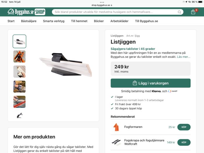 Listjigg för att såga taklister i 45 grader visas på Bygghus.se shop online med pris och "Lägg i varukorgen"-knapp.