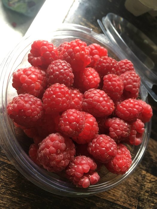 Färsk skörd av saftiga röda hallon i en genomskinlig plastbehållare på ett träbord.