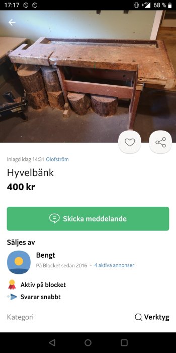 Använd hyvelbänk av trä som står i ett verkstadsutrymme.