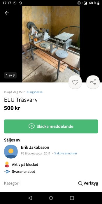 Begagnad ELU träsvärv på ett verkstadsbord i en verkstad.