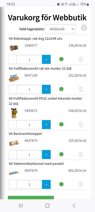 Skärmdump av en varukorg med VVS-artiklar, inklusive klämkopplingar och vattenmätarkonsol.