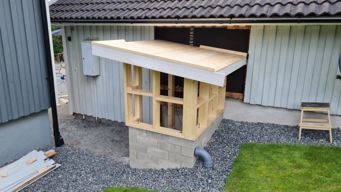 Ett pågående byggprojekt av en sorteringsbod med trästomme och betongfundament.