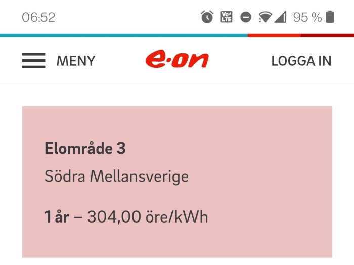 Skärmdump från mobil visar elpris för "Elområde 3 Södra Mellansverige, 304,00 öre/kWh