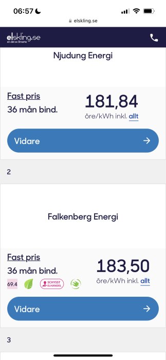 Skärmdump från elskling.se som visar elpriser från olika leverantörer för elområde Örebro.