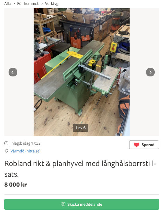 Robland kombinerad rikt- och planhyvel i ett verkstadsmiljö.