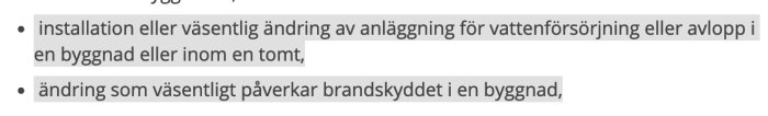 Utdrag ur en textdokument som listar typer av byggprojekt som kräver anmälan, inklusive vatten- och avloppsanläggningar.