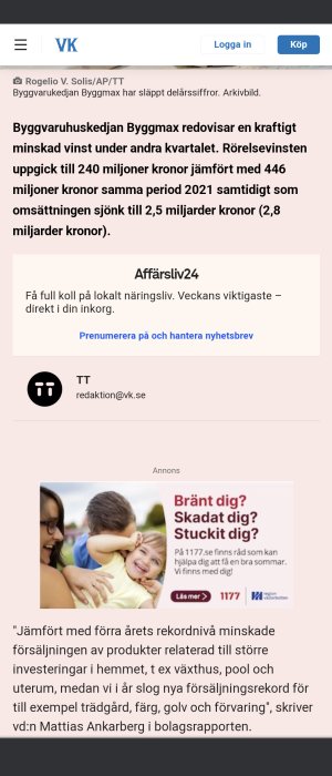 Skärmdump av nyhetsartikel om Byggmax minskade vinst och omsättning med text och annonser.