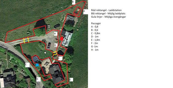 Satellitbild över trädgård med markerade passager och guidkabel för robotgräsklippare, med textförklaringar.