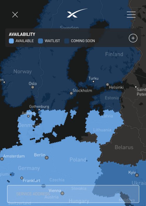 Karta över Starlink-täckning i Europa med markerade områden för tillgänglighet, väntelista och kommande tjänster.