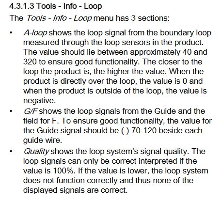 Screenshot av instruktionsmanual om loop-menyn för en gräsklippares inställningar med tre avsnitt om A-loop, G/F och Quality.