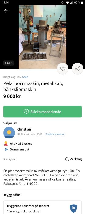 Verkstadsutrustning inklusive pelarborrmaskin, metallkap, bänkslipmaskin och borrset till salu.