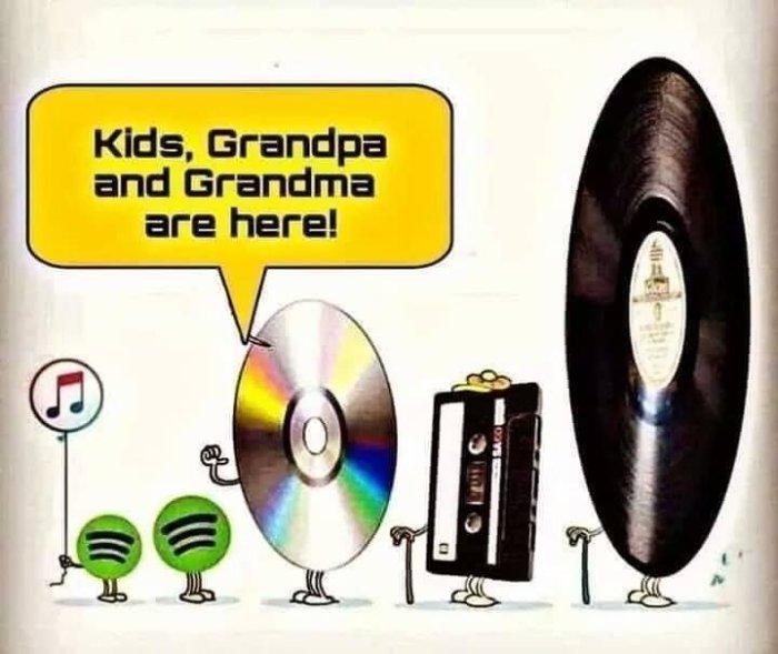 Vinylskiva och kassett med mänskliga drag bredvid CD och streaming-symboler, pratbubbla säger "Kids, Grandpa and Grandma are here!