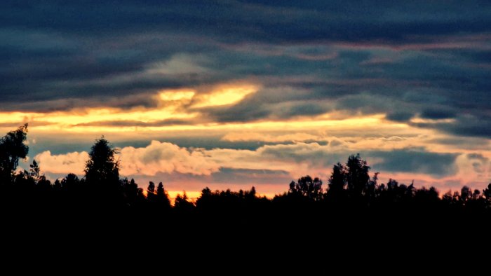 Dramatisk solnedgång med moln över silhuetten av trädtoppar.