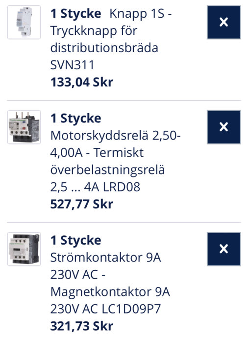 Tre elektriska komponenter för distributionsskåp; tryckknapp, motorskyddsrelä och strömkontaktor, med prisinformation.