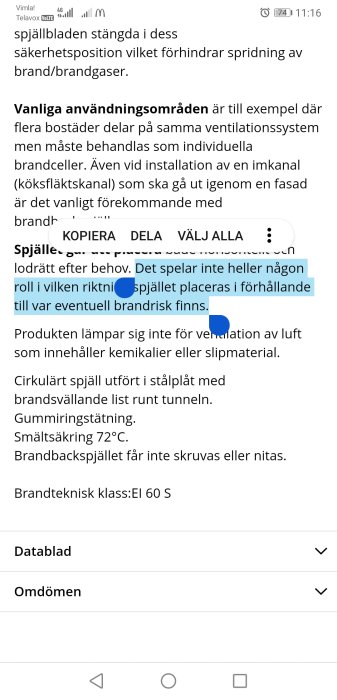 Skärmdump av ett inlägg i ett diskussionsforum om brandspjällinstallation.