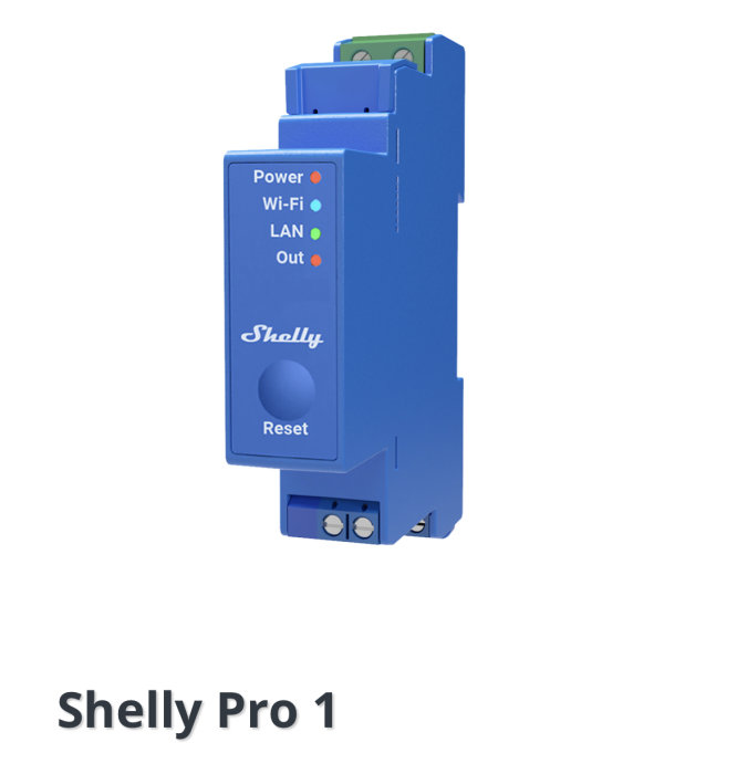 En Shelly Pro 1 smart relä med knappar för Power, Wi-Fi, LAN, och Reset på en blå kapsling.