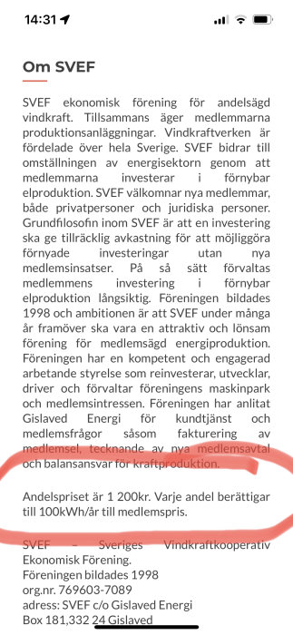 Skärmdump av en informationsdel om SVEF ekonomisk förening med text om föreningens syften och medlemsinformation.