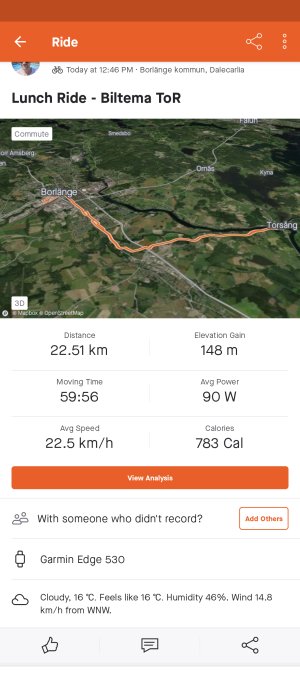 Skärmavbild av cykelruttdatatema "Lunch Ride - Biltema ToR" med karta och statistik såsom distans, tid och hastighet.