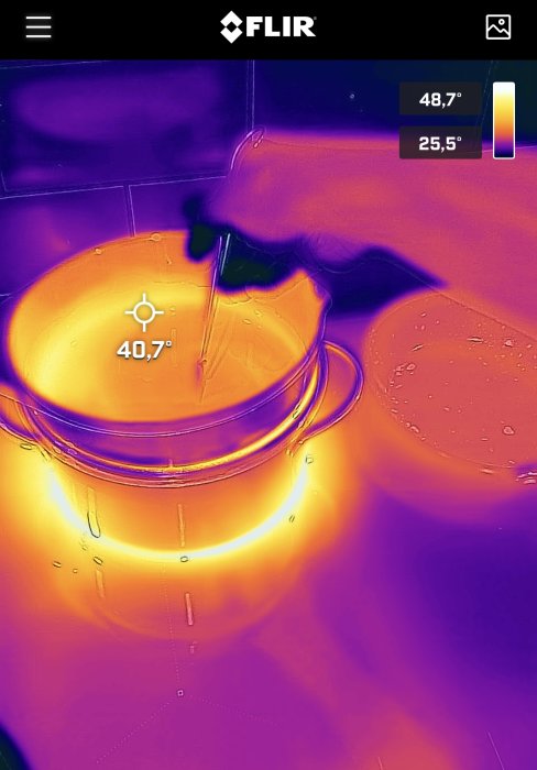 Värmebild av marängsmet i skål med temperaturmätning via värmekamera.