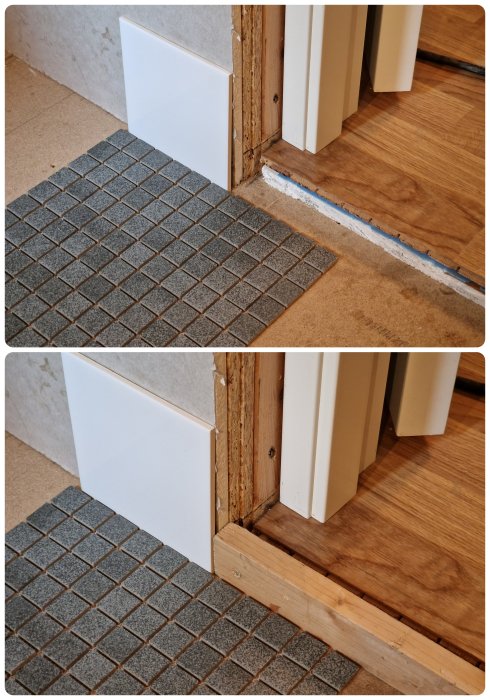 Övergång mellan badrumskakel och trägolv med trätröskel och vita dörrfoder.