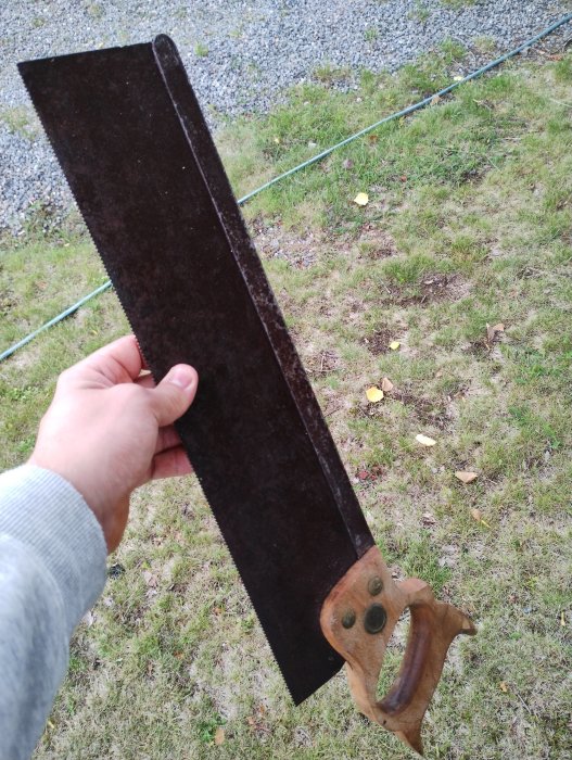 Hand håller en gammal handsåg med rostigt blad och slitet handtag mot en gräsbevuxen bakgrund.