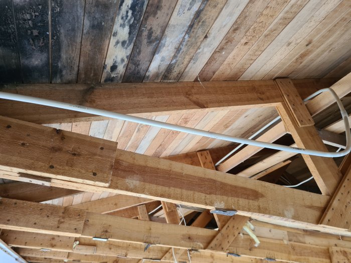 Takstomme i trä med borttagen isolering och svarta mögel fläckar synliga på undersidan av taket.