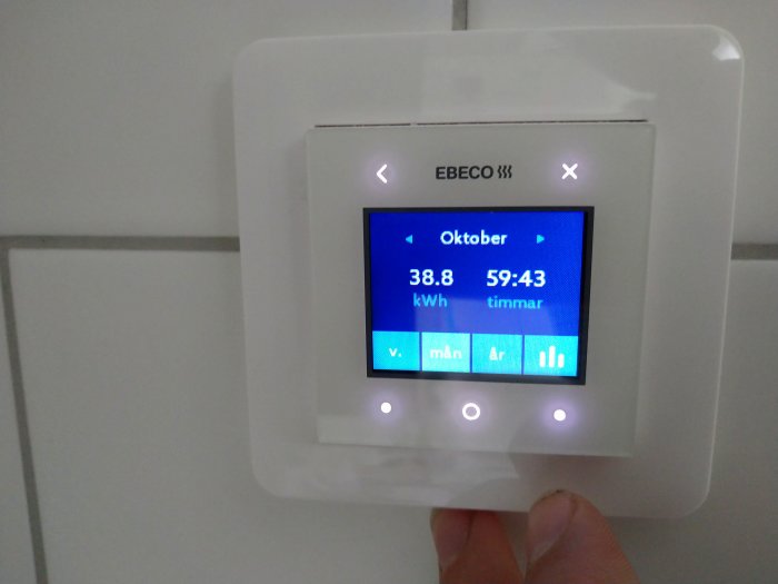 Digital termostat visar energiförbrukning för golvvärme: 38.8 kWh för oktober, total drifttid 59:43 timmar.