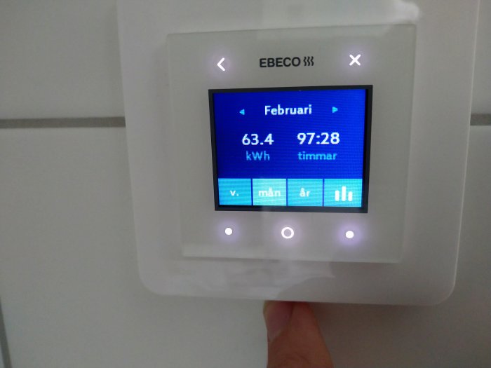 Termostatvisning av golvvärmens förbrukning i kWh och timmar för ett badrum.