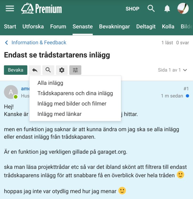 Skärmdump av ett forum där en meny öppnas genom att klicka på en ikon med tre streck.