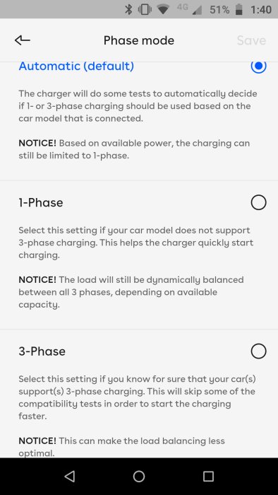 Skärmdump av inställningar för fasläget i en laddningsapp, med alternativ för automatisk, 1-fas och 3-fas laddning.