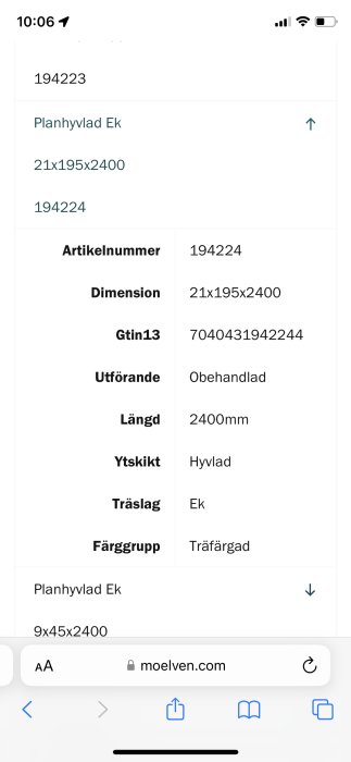 Skärmbild som visar specifikationer för planhyvlad ek med olika dimensioner och artikelnummer.